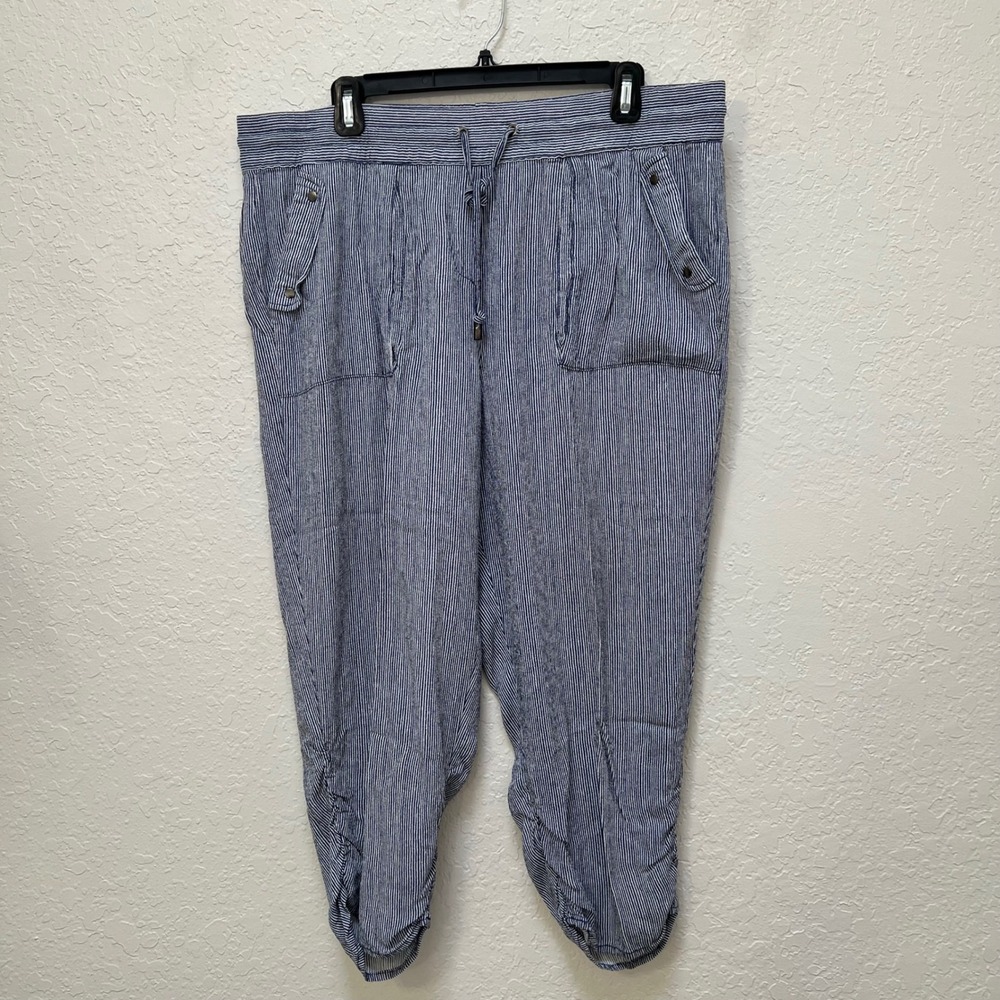 Blue Earth Striped Cropped Pants Blue White Drawstring Ruched Hem Womens XL